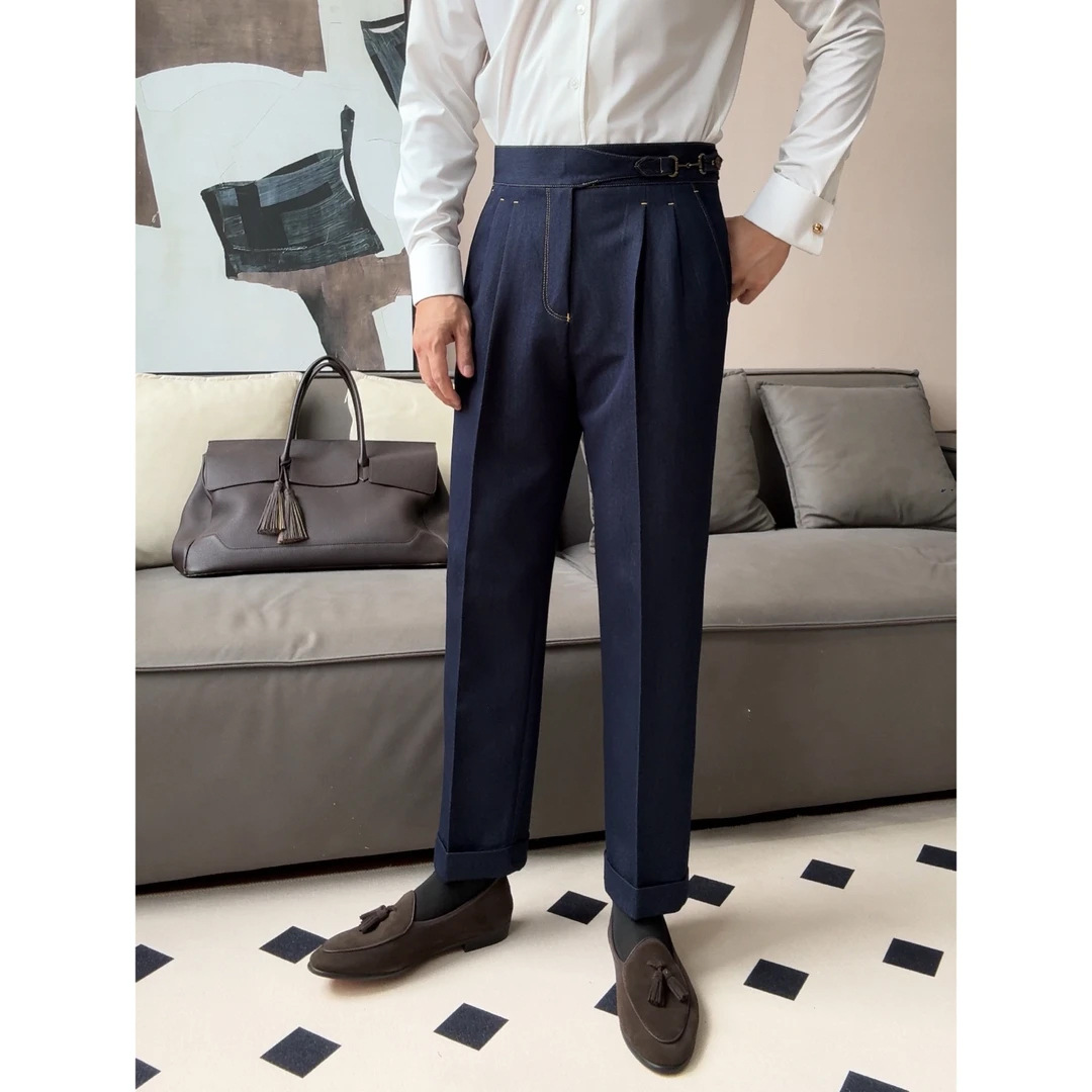 High-waisted faux denim Gurkha gentleman's trousers