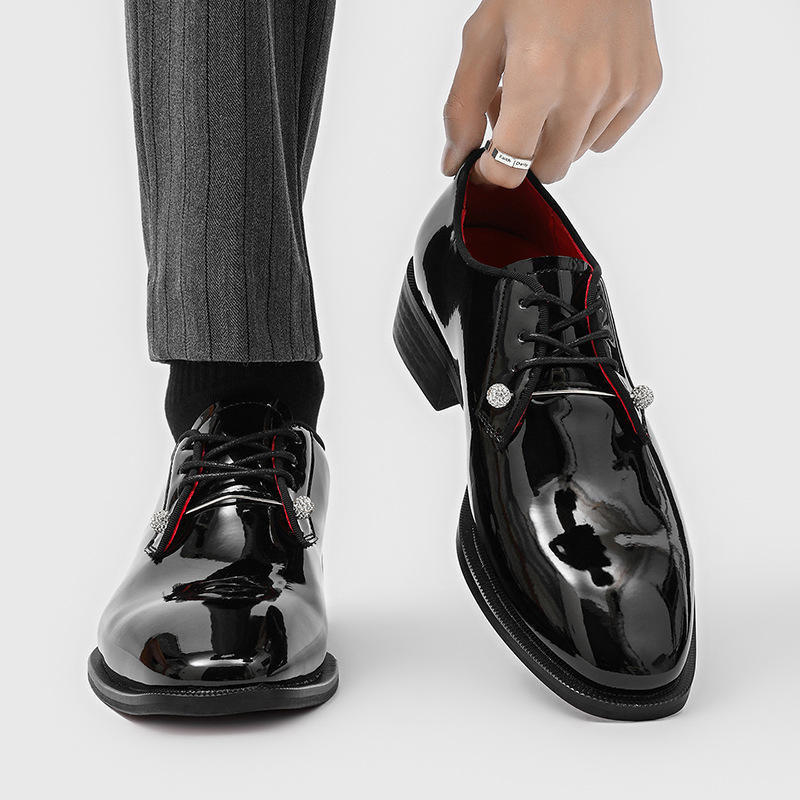 Men's black business platform derby shoes with red sole