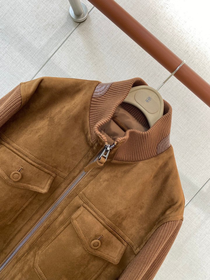 Suede-trimmed knit stand-collar jacket