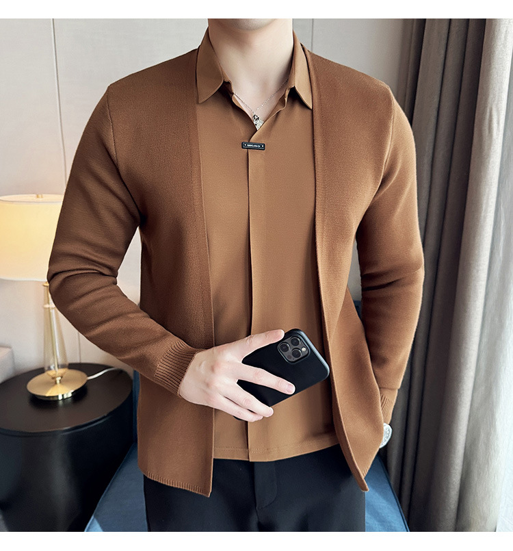 Men's fake two piece shirt sweater cardigan