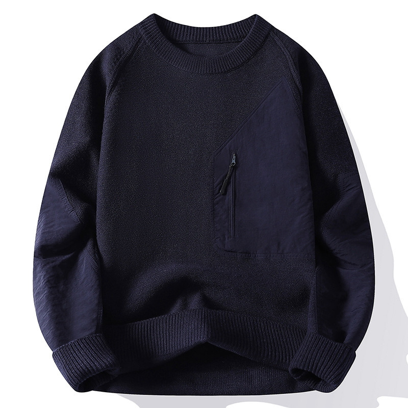 Color-blocked pocket crew neck men's knit sweater