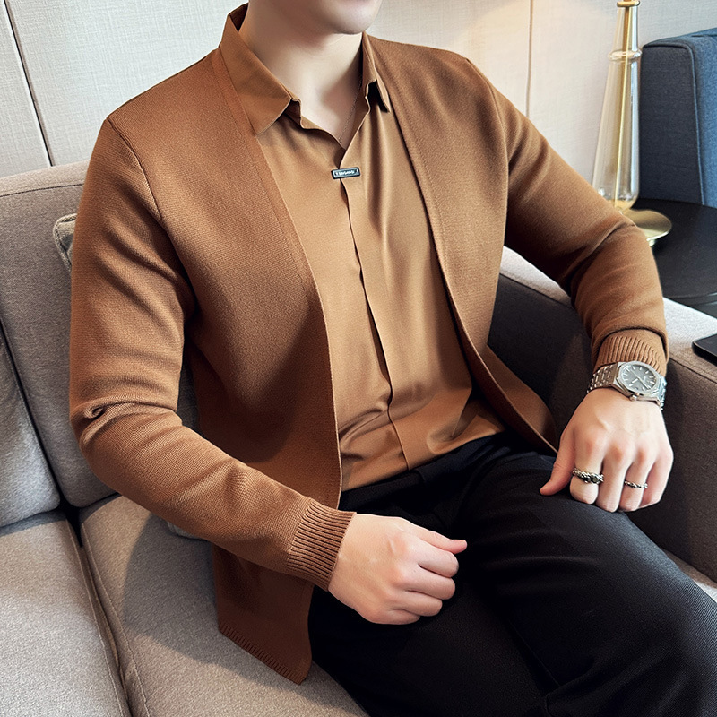 Men's fake two piece shirt sweater cardigan