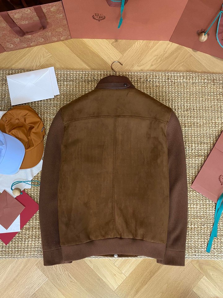 Suede-trimmed knit stand-collar jacket