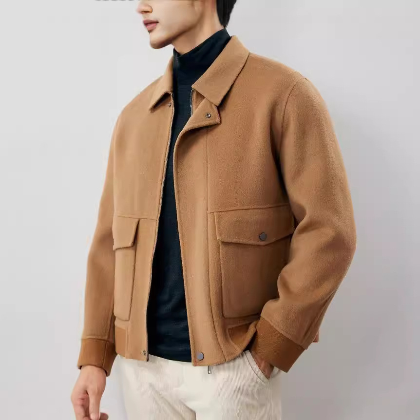 Men's short woolen coat with lapel