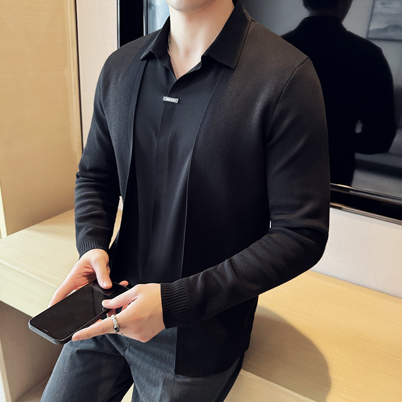 Men's fake two piece shirt sweater cardigan