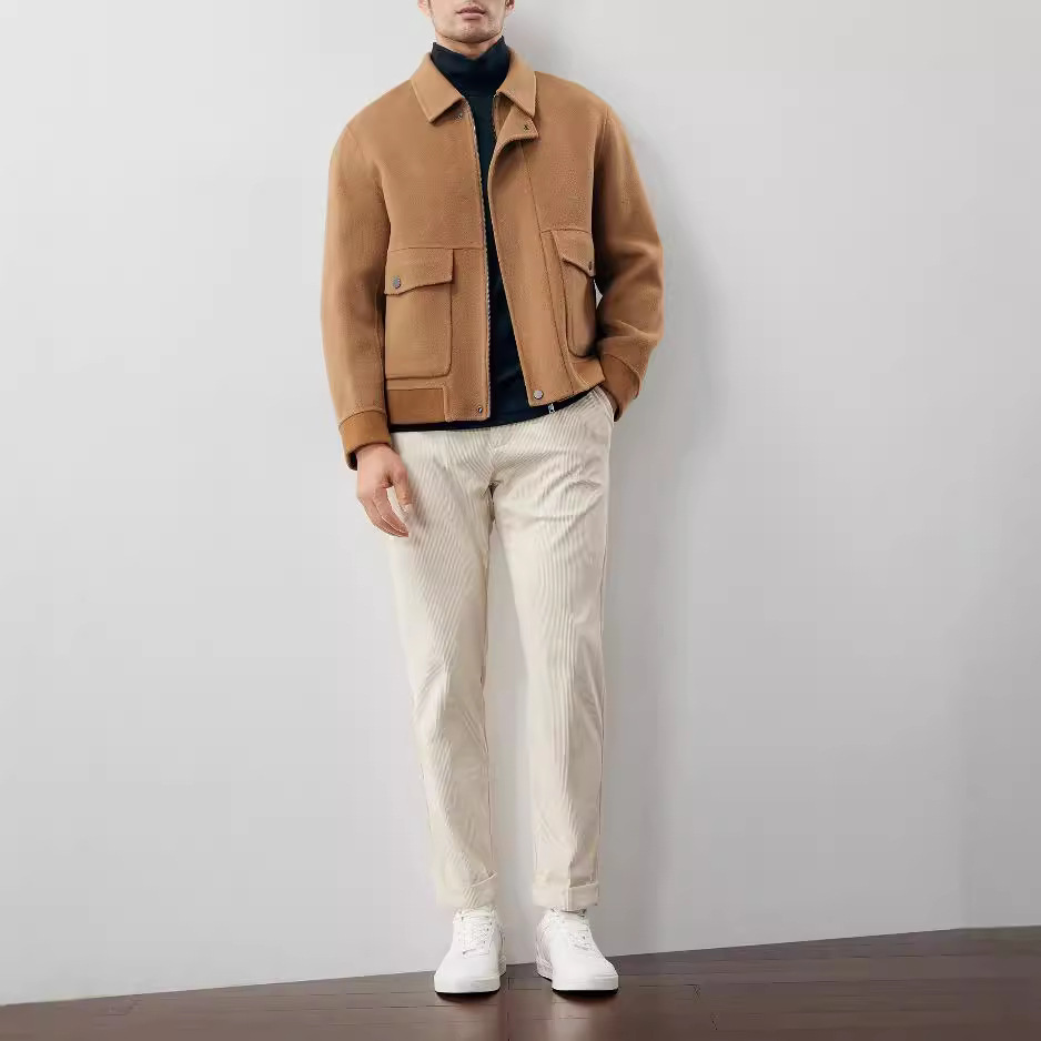Men's short woolen coat with lapel