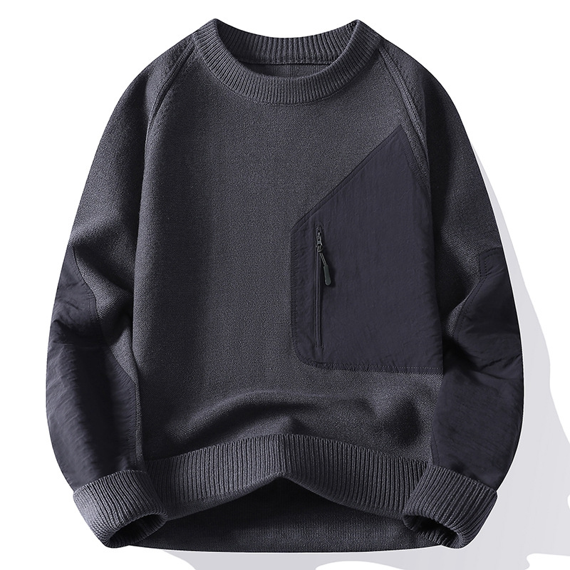 Color-blocked pocket crew neck men's knit sweater