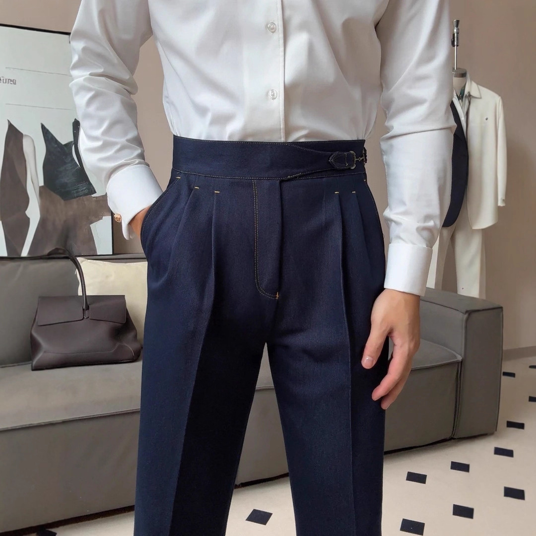 High-waisted faux denim Gurkha gentleman's trousers