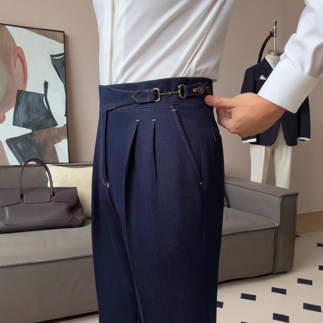 High-waisted faux denim Gurkha gentleman's trousers