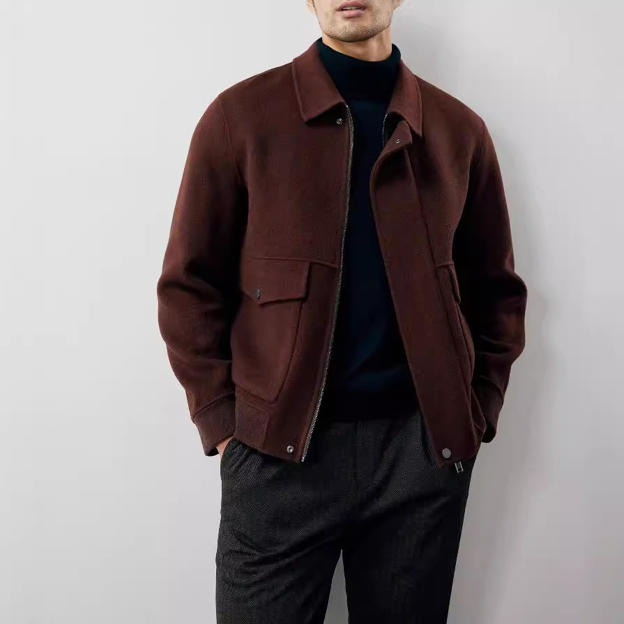 Men's short woolen coat with lapel