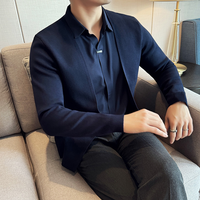 Men's fake two piece shirt sweater cardigan