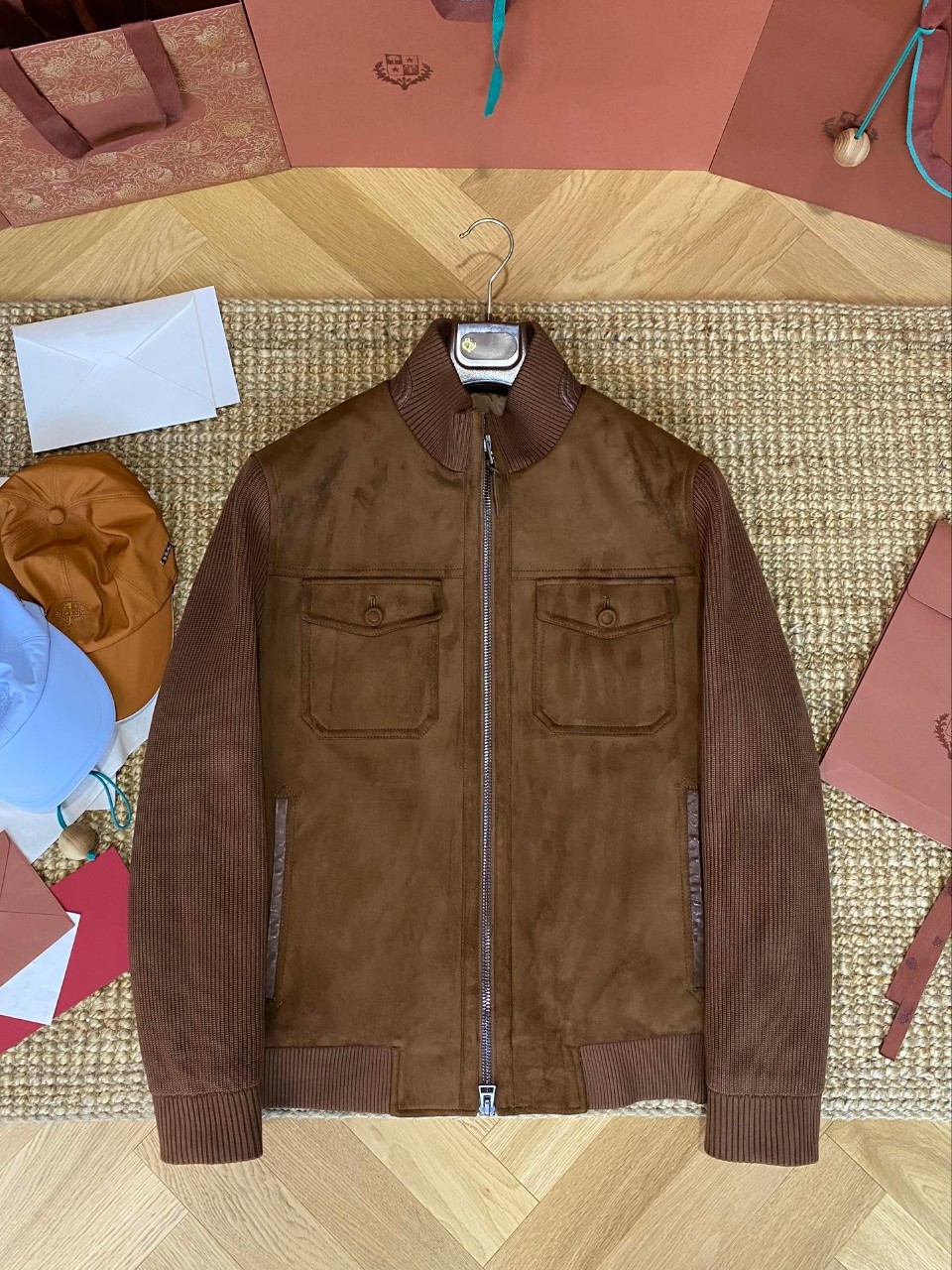 Suede-trimmed knit stand-collar jacket