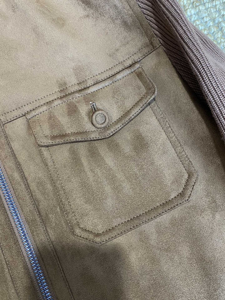 Suede-trimmed knit stand-collar jacket