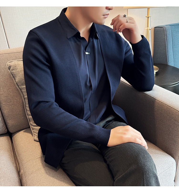 Men's fake two piece shirt sweater cardigan