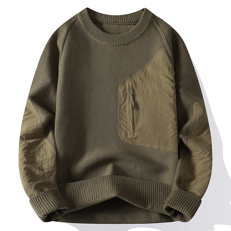 Color-blocked pocket crew neck men's knit sweater