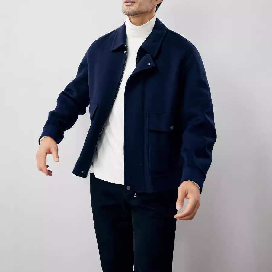 Men's short woolen coat with lapel