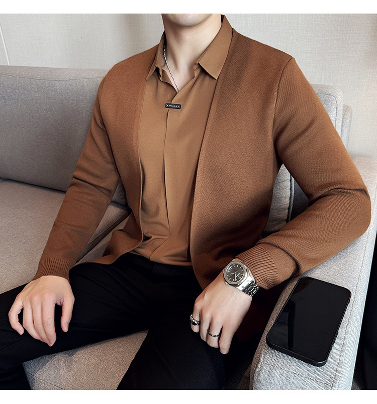 Men's fake two piece shirt sweater cardigan