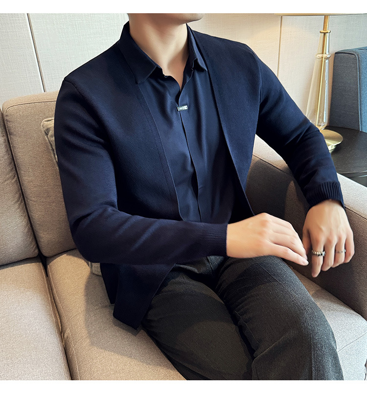 Men's fake two piece shirt sweater cardigan