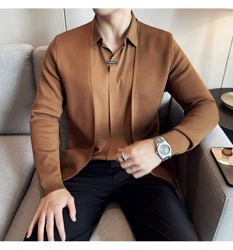 Men's fake two piece shirt sweater cardigan