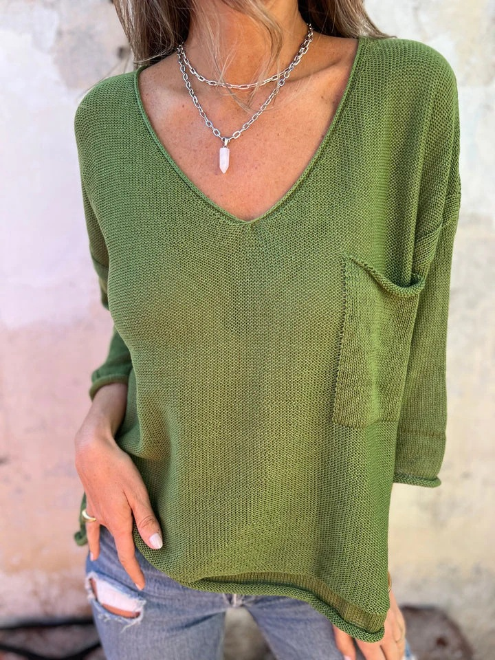 V-neck long-sleeve pocket casual knit top