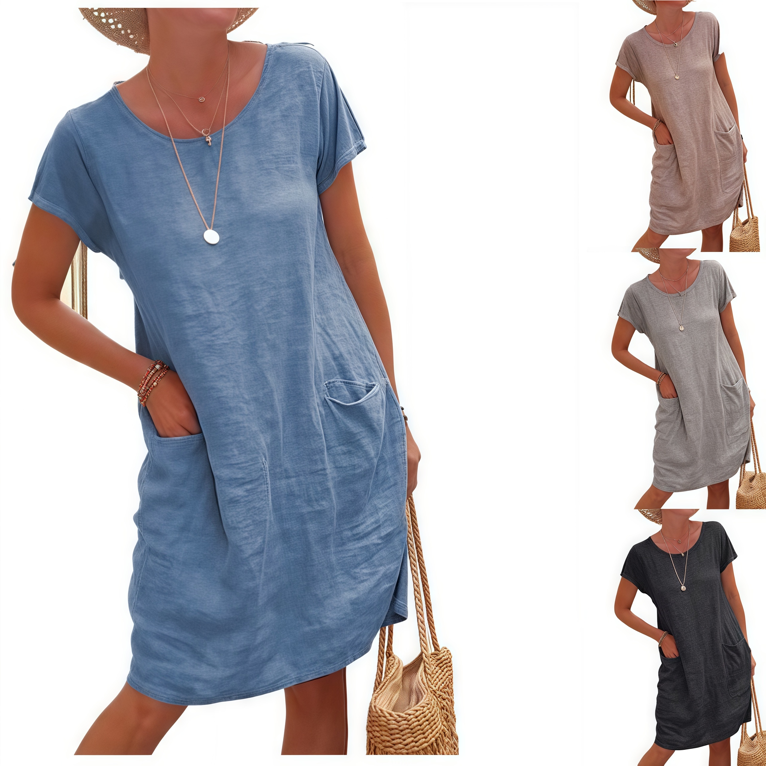 Loose Solid Color Pocket Short-Sleeved Round Neck Washed Cotton-Linen Dress for Women