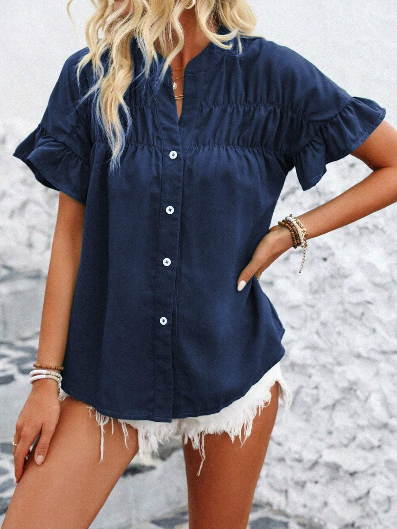 Casual short-sleeved gathered buttoned solid-color cotton-linen stand-collar shirt