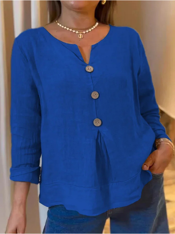 Women's solid-color casual cotton-linen V-neck shirt