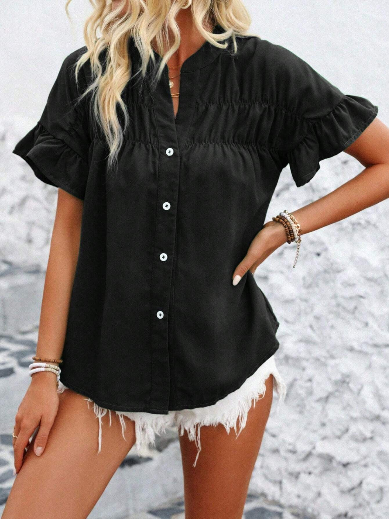Casual short-sleeved gathered buttoned solid-color cotton-linen stand-collar shirt