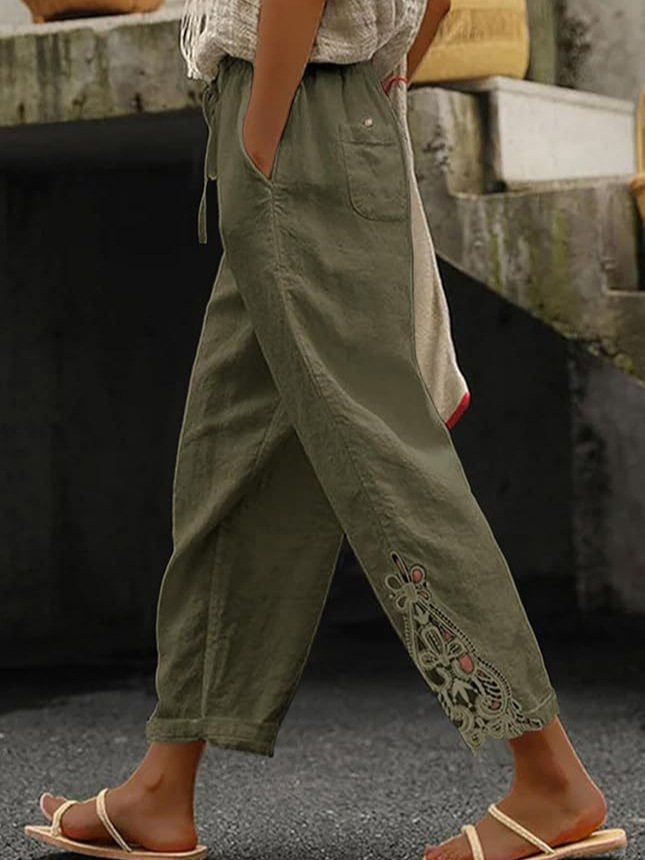 Fashionable Lace Paneled High-Waist Drawstring Pocket Buttoned Cropped Pants