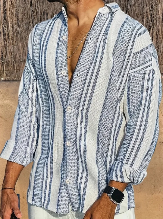 3D digital printing striped men's casual long-sleeved cotton and linen shirt