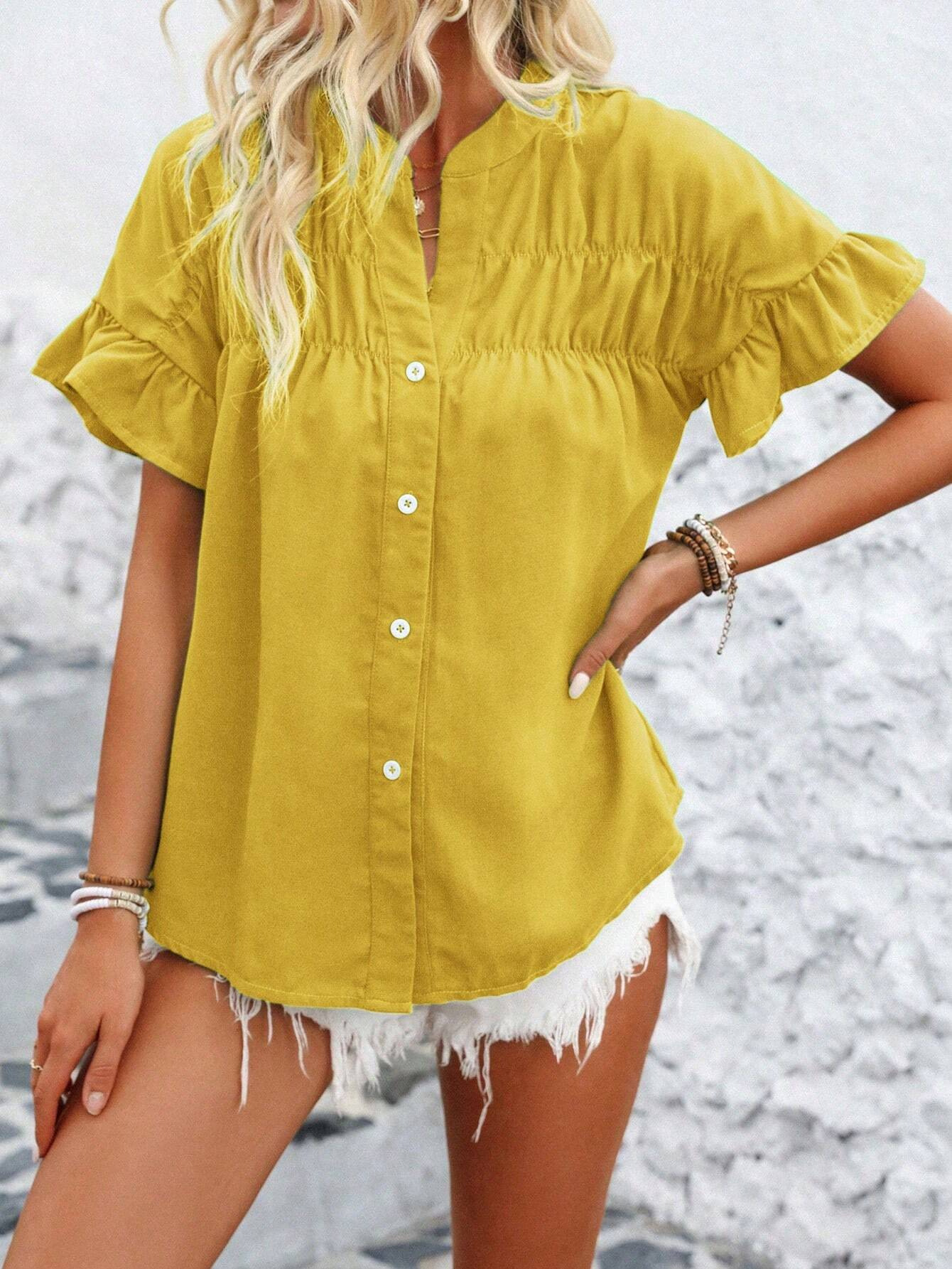Casual short-sleeved gathered buttoned solid-color cotton-linen stand-collar shirt