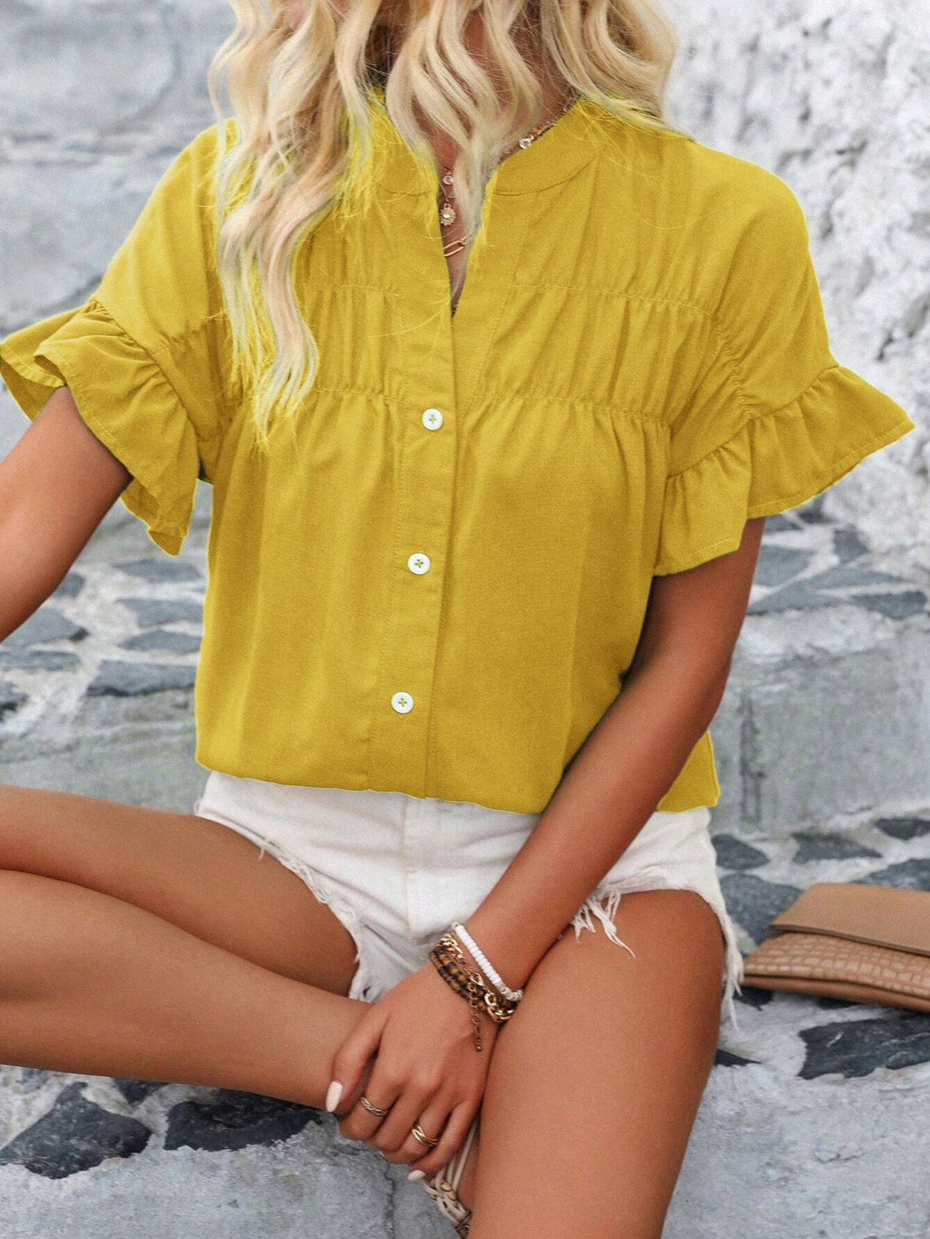 Casual short-sleeved gathered buttoned solid-color cotton-linen stand-collar shirt