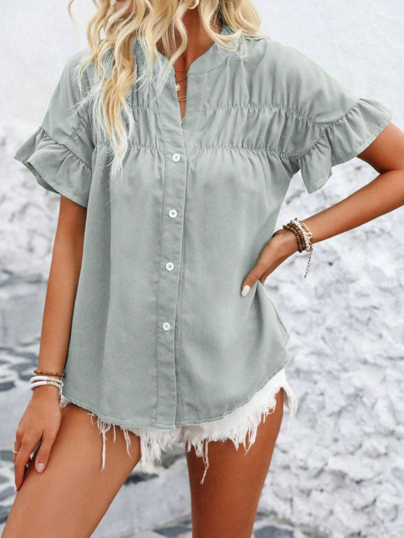 Casual short-sleeved gathered buttoned solid-color cotton-linen stand-collar shirt