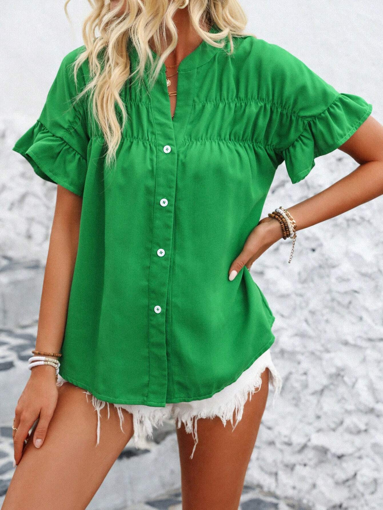 Casual short-sleeved gathered buttoned solid-color cotton-linen stand-collar shirt
