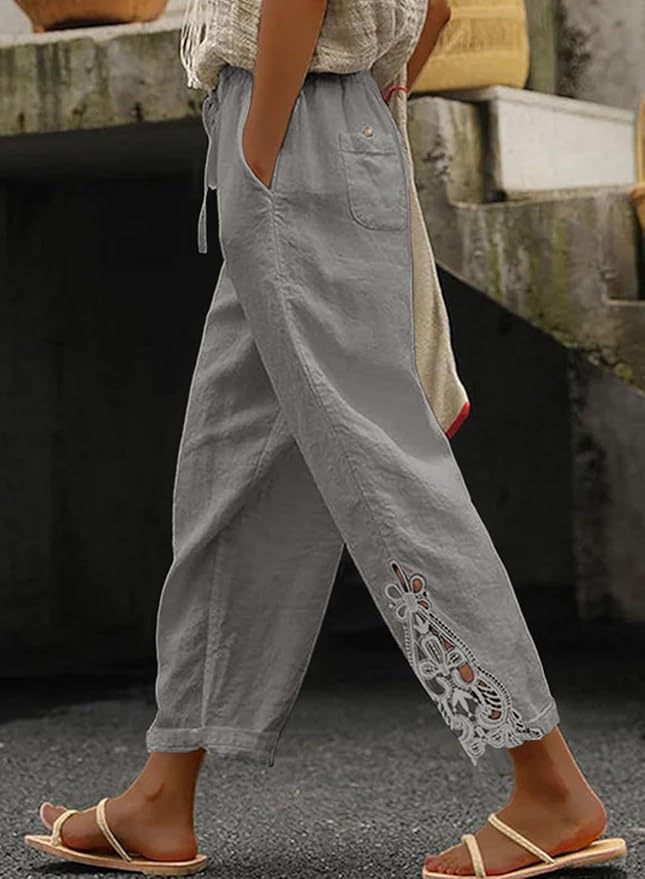 Fashionable Lace Paneled High-Waist Drawstring Pocket Buttoned Cropped Pants