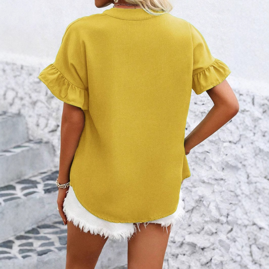 Casual short-sleeved gathered buttoned solid-color cotton-linen stand-collar shirt
