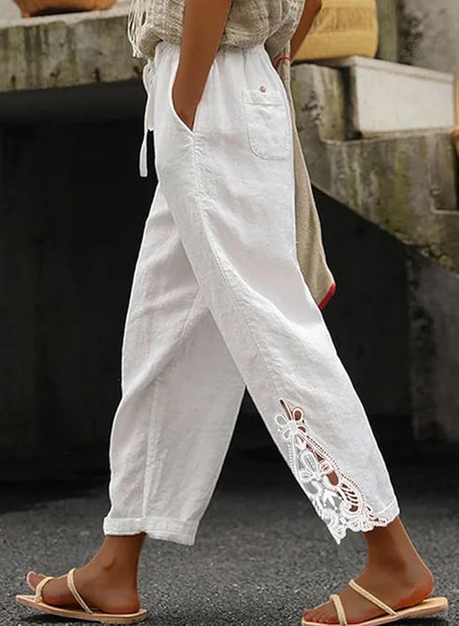 Fashionable Lace Paneled High-Waist Drawstring Pocket Buttoned Cropped Pants
