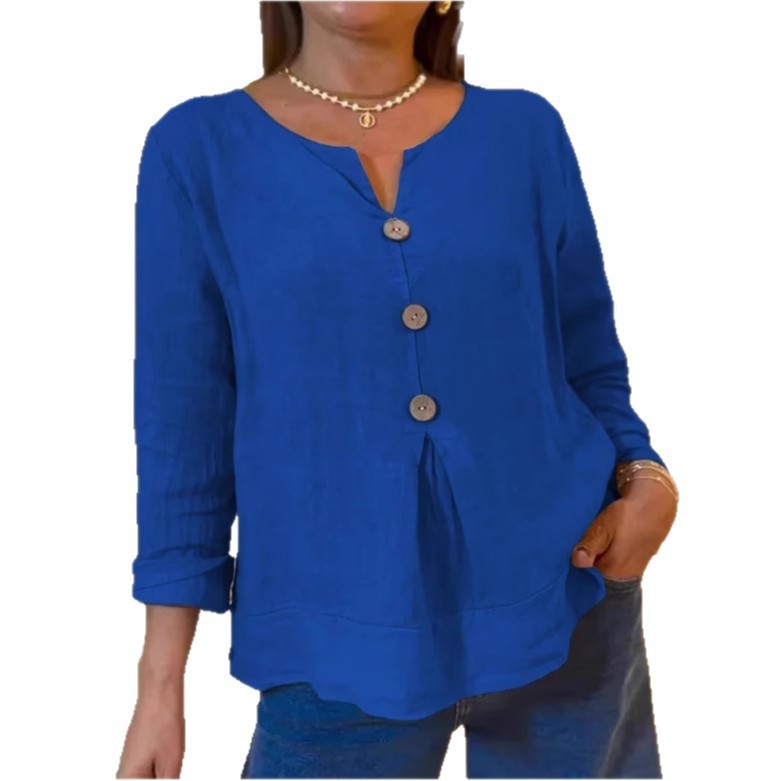 Women's solid-color casual cotton-linen V-neck shirt