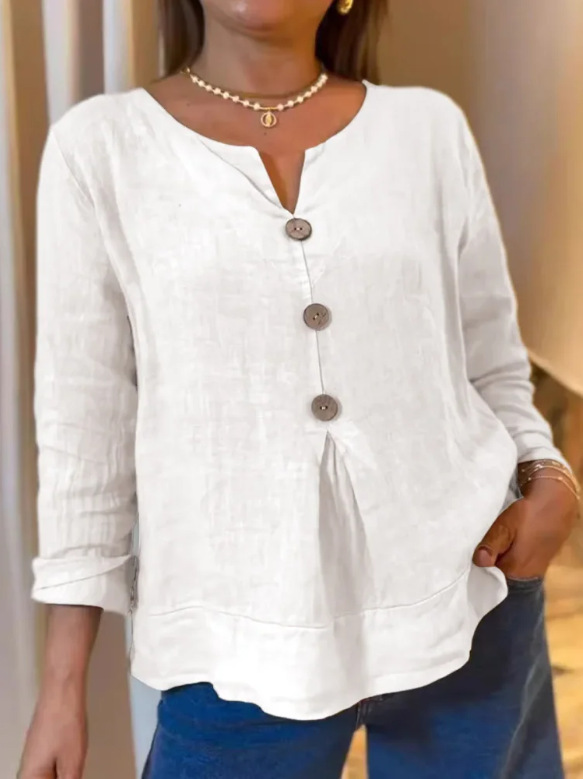 Women's solid-color casual cotton-linen V-neck shirt