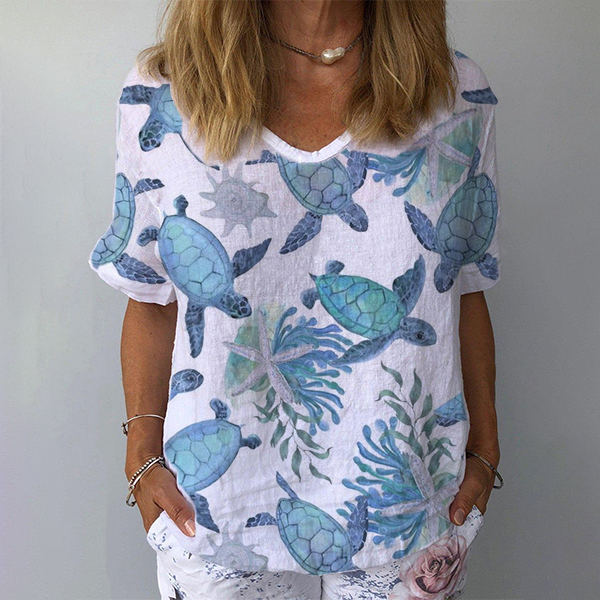 Best Match Women's Retro Floral Casual V-Neck Cotton And Linen Top