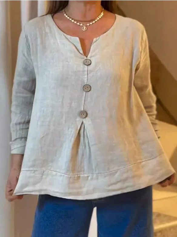 Women's solid-color casual cotton-linen V-neck shirt