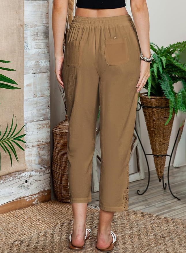 Fashionable Lace Paneled High-Waist Drawstring Pocket Buttoned Cropped Pants