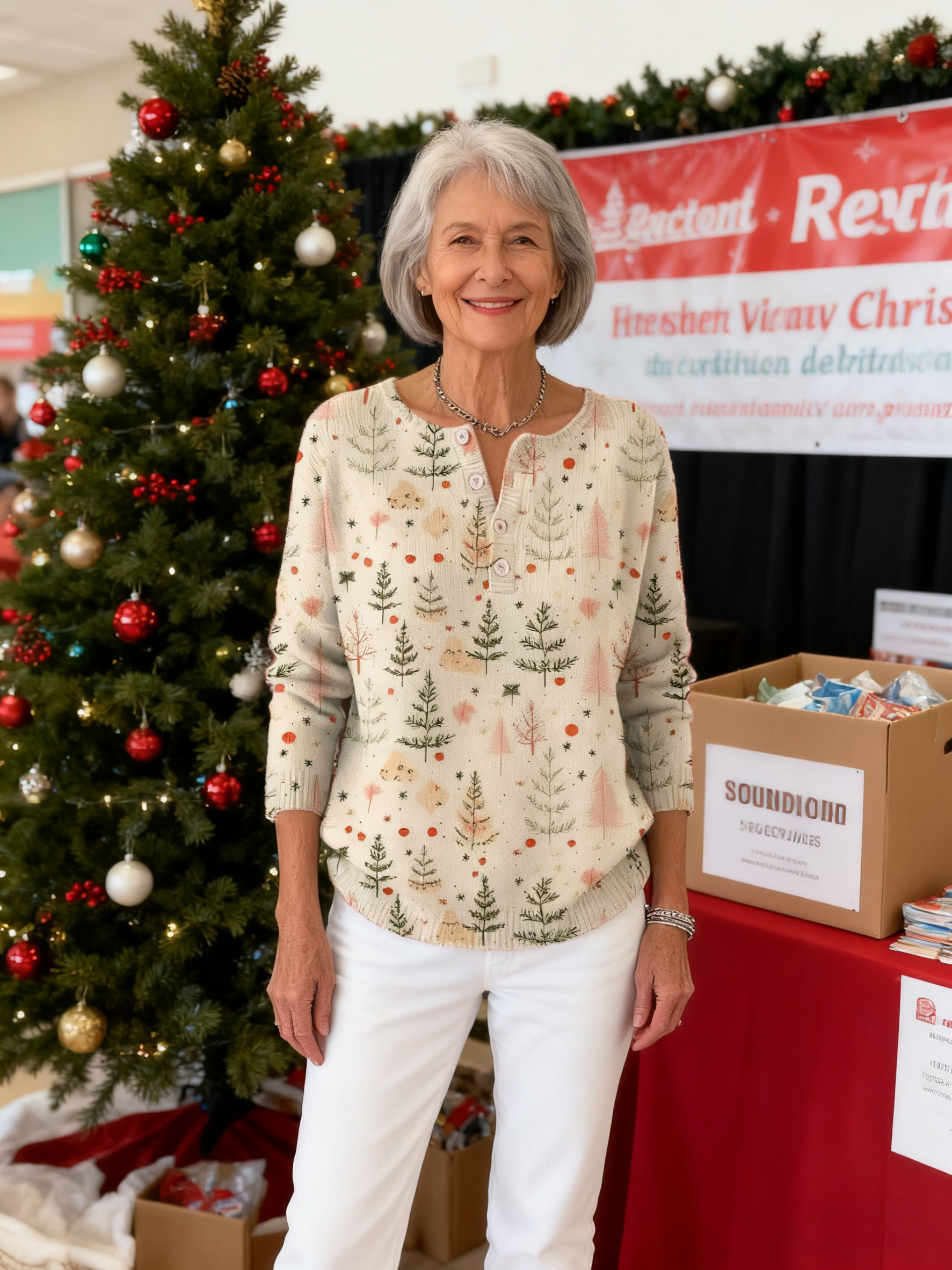 Women's Christmas Tree Art Print Buttoned Cardigan Sweater