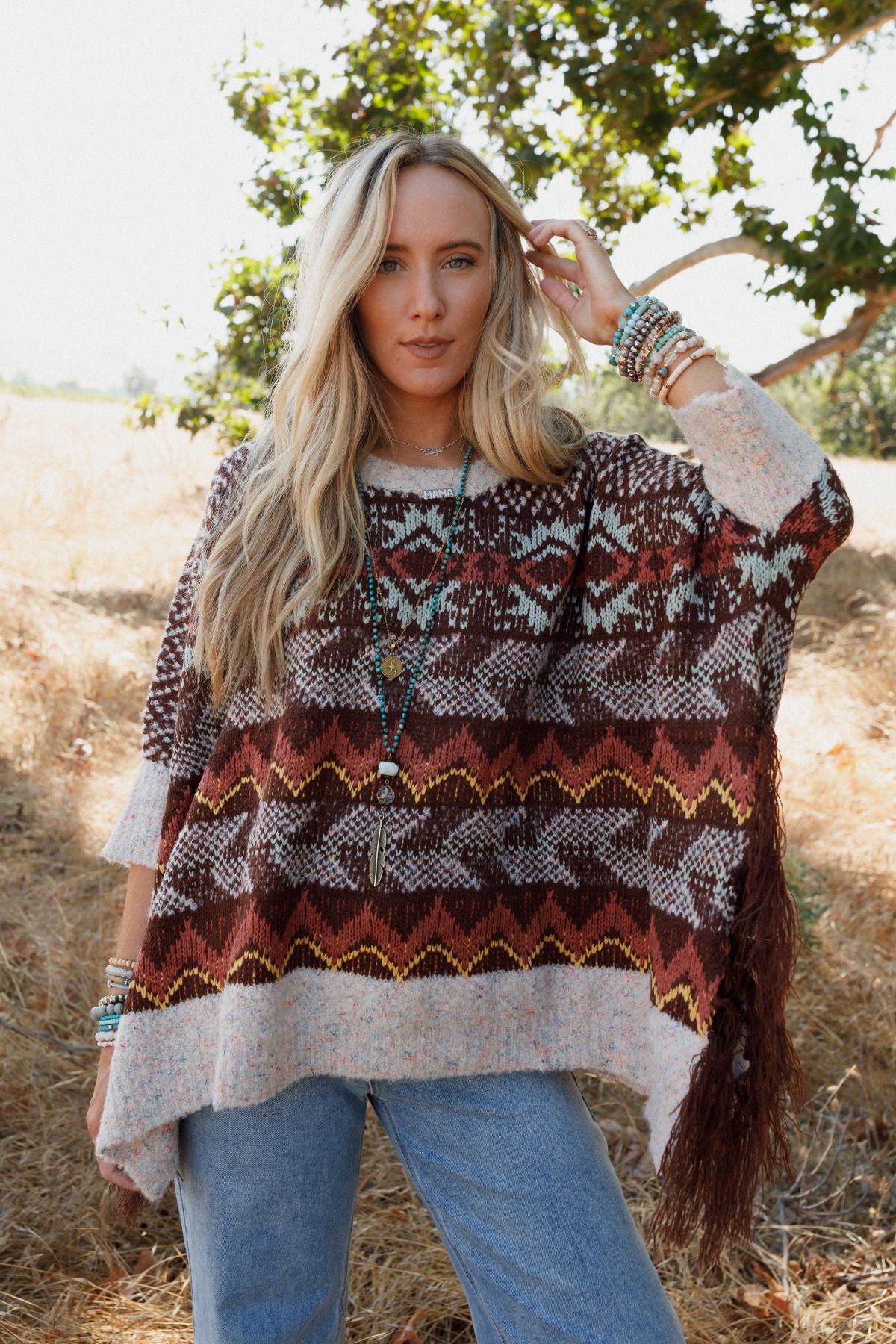 Warm Bohemian Fringe Cape - Brown