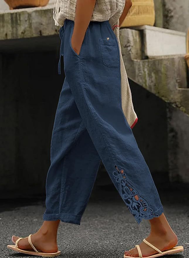 Fashionable Lace Paneled High-Waist Drawstring Pocket Buttoned Cropped Pants