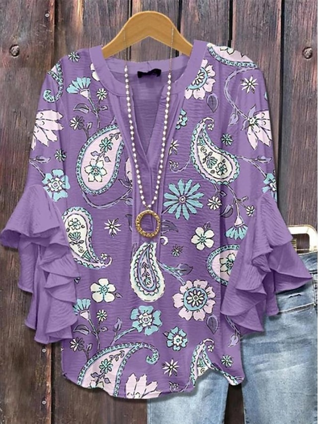 Women's Retro Blouse Layered Ruffle Sleeve Tops 3D Print Vintage Floral Graphic Daily Stylish Casual 3/4 Length Sleeve Regular Tops Daily Holiday Vacation Wear Print Purple Green Beige