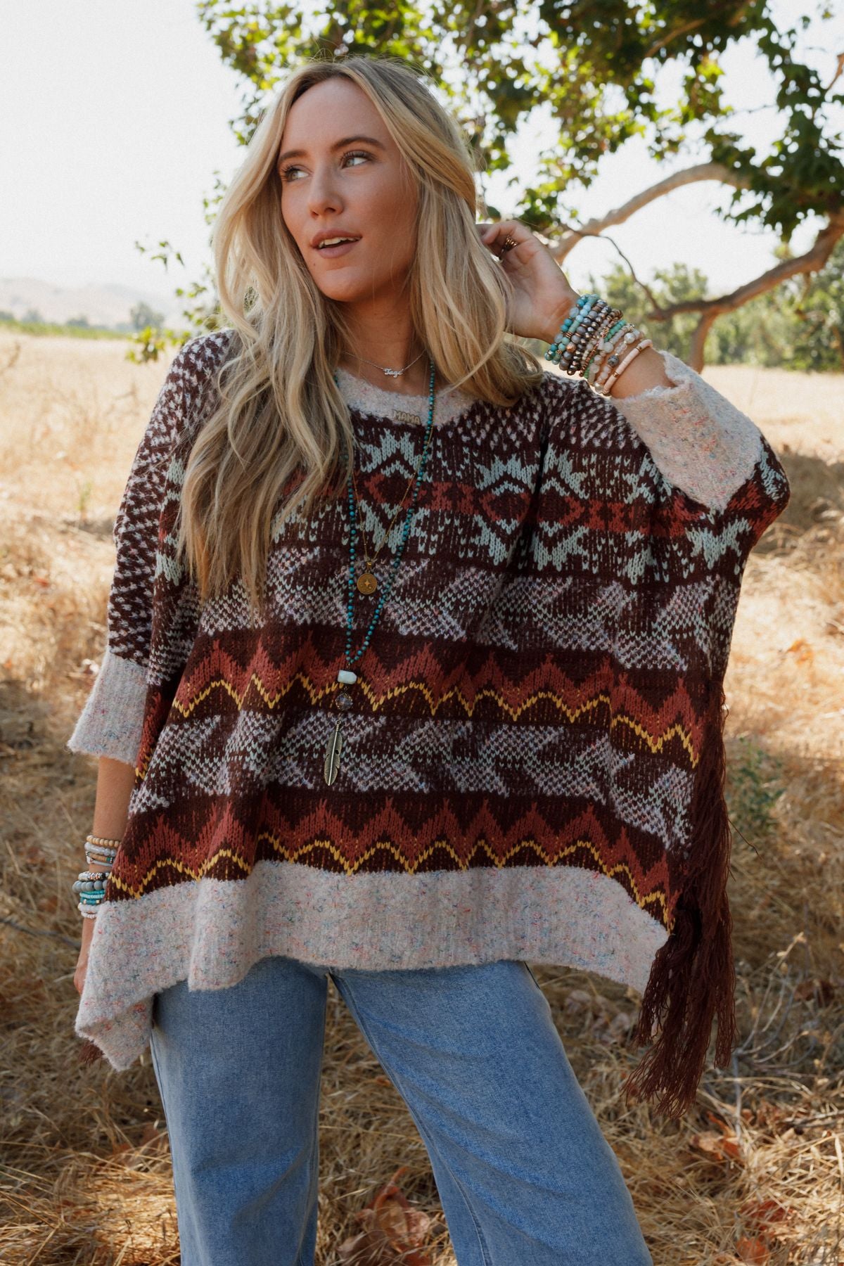Warm Bohemian Fringe Cape - Brown