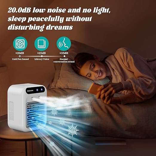 Portable air conditioner, mini USB fan, air cooler, humidifier, 2speed fan, 2 atomizing modes for home, office and outdoor use.