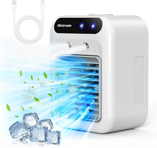 Portable air conditioner, mini USB fan, air cooler, humidifier, 2speed fan, 2 atomizing modes for home, office and outdoor use.