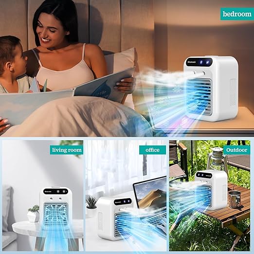 Portable air conditioner, mini USB fan, air cooler, humidifier, 2speed fan, 2 atomizing modes for home, office and outdoor use.